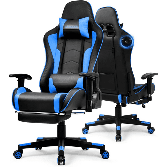 Gaming Chair with Bluetooth Speakers and Footrest, Ergonomic Gamer Chair with Reclining Backrest, 3D Armrests, Adjustable Seat Height, Computer Desk Chair for Adults (Blue)