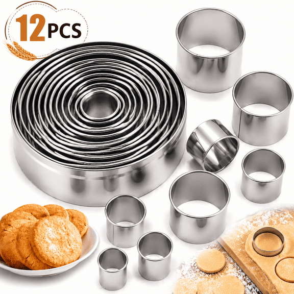 Genreen 12-Piece Round Cookie Cutter Set - Stainless Steel Biscuit Cutters for Baking (1" to 4.4") with Storage Tin - Dishwasher Safe