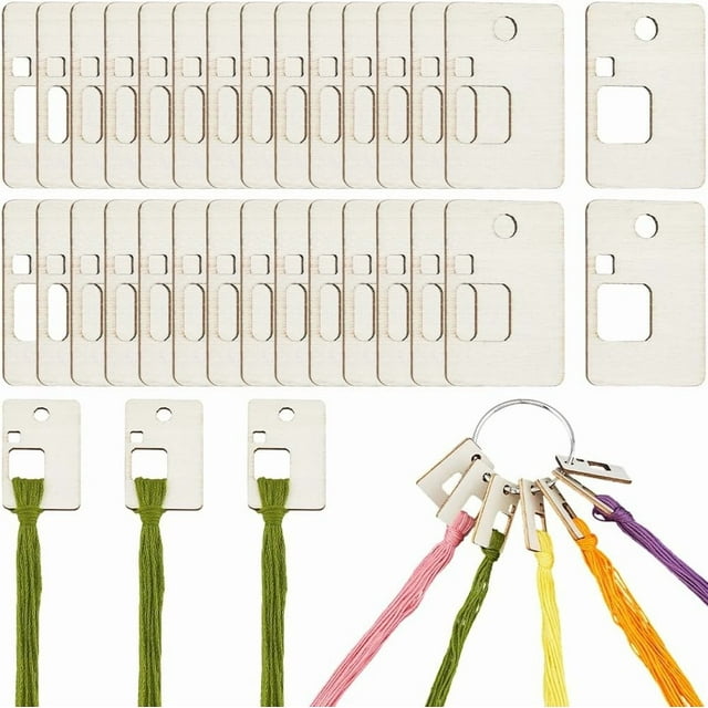 100Pcs Wood Thread Stitch Bobbins Rectangle Embroidery Floss Winding Board Card 1.5x1 Inch Needlework Thread Organization with Floss Ring for Craft DIY Sewing Storage Supplies
