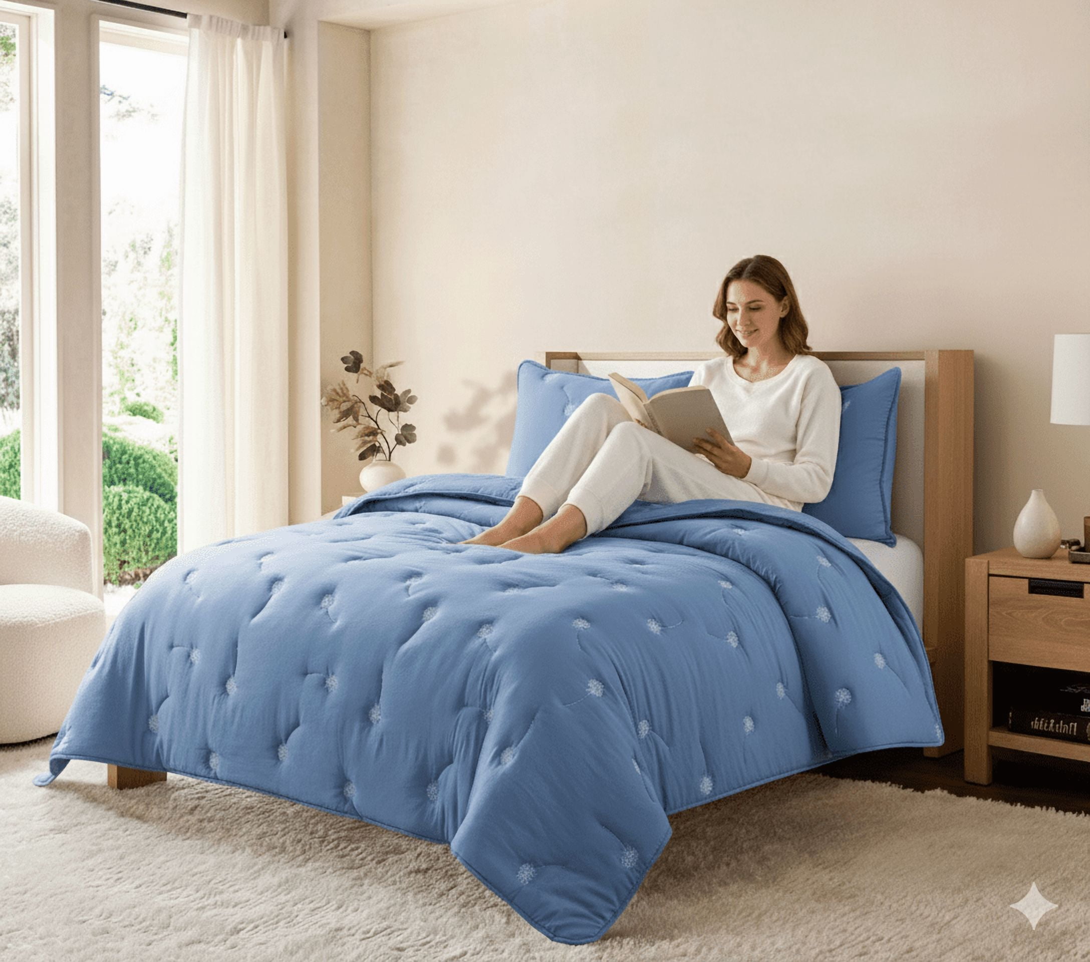 NSH by New Sega Home, 3-Piece Comforter Set, Embroidered Dandelion, Blue, Bed in a Bag, Full/Queen