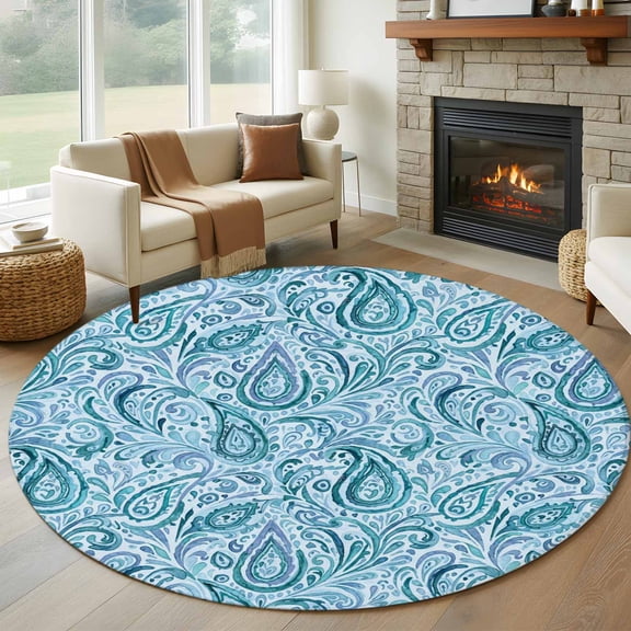 Round Area Rug 5 Ft, Light Blue Teal Washable Non-Slip Circle Carpet for Living Room/Bedroom, Retro Botanical Abstract Art Low-Profile Runner Mats Collection Rugs for Indoor