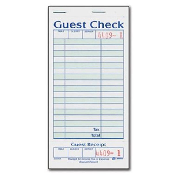1Part Guest Check with Stub 50 Checks/book 20 pk. By Adams