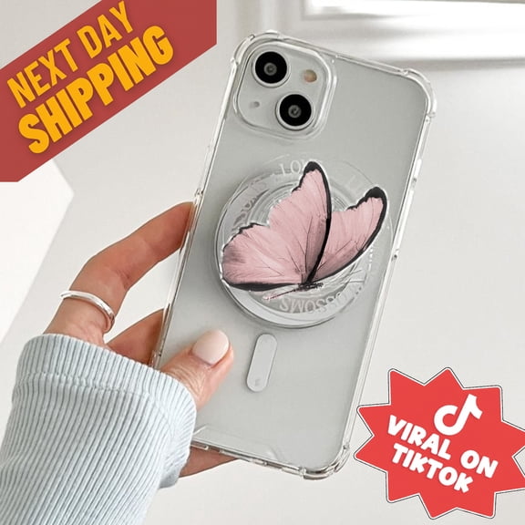 Pink butterfly MagSafe Phone Grip Pink Heart Magnetic Kawaii Valentines Phone Holder, Gift for Lovers