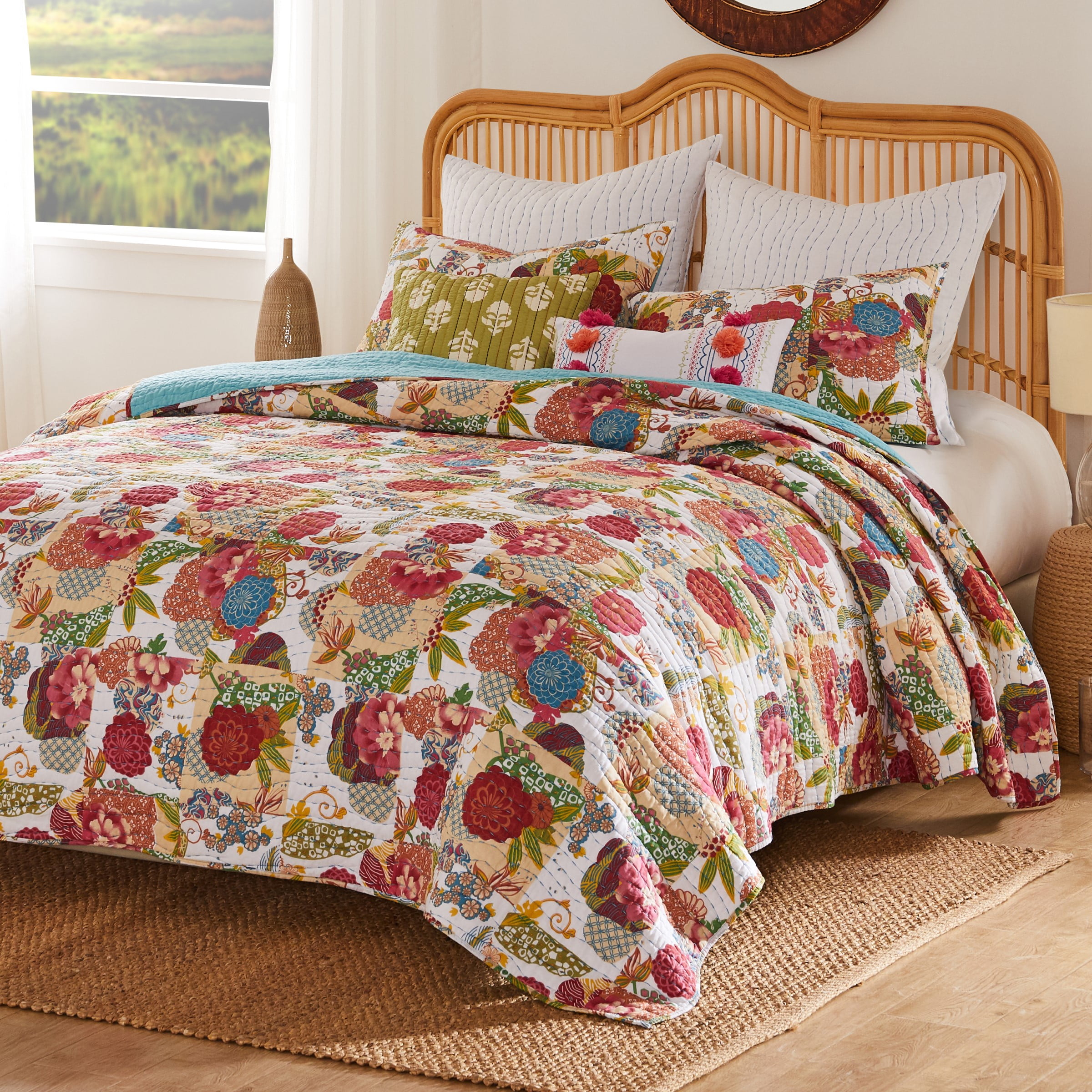 Greenland Home Fashions Jewel Kantha-Stitched Boho White 100% Cotton Quilt Set, 2-Piece Twin-XL