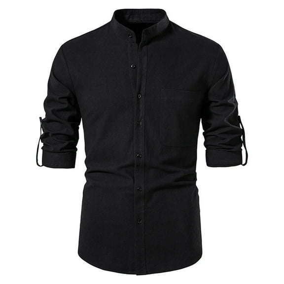Dwaogom Spring And Summer Men's Cotton Linen Shirt Long Sleeve Casual Stand Collar Shirt Mens Long Sleeve Workout T-Shirts Big And Tall Graphic Tees Funny Mens Shirts