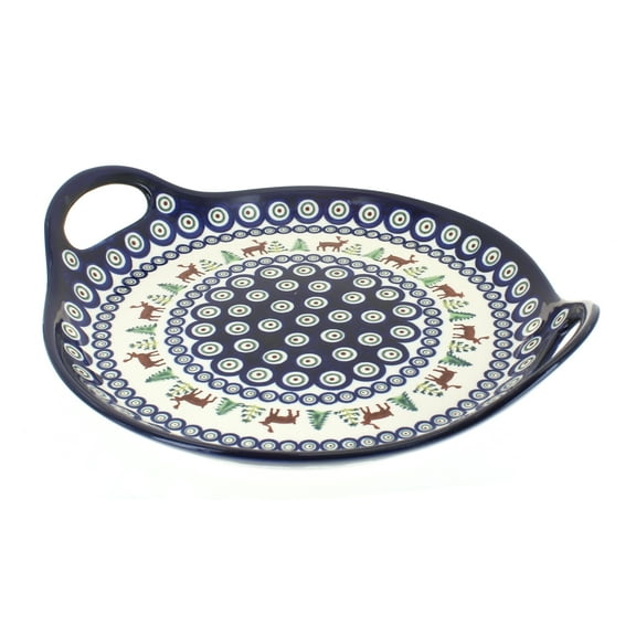 Blue Rose Polish Pottery Reindeer Pine Round Serving Tray with Handles