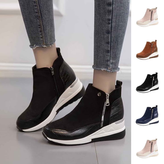 Bnwani Boots for Women,Winter Boots,Round Toe,Zip-Up,Wedge,Cozy,Black,40(US:7.5)