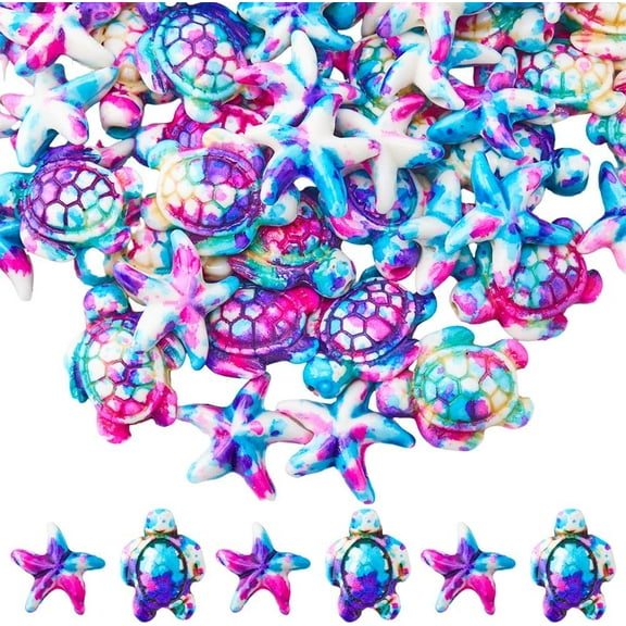 100PCS 2 Styles Purple Turquoise Beads Turtle Starfish Beads Summer Hawaii Ocean Animal Sea Life Lucky Gemstone Loose Spacer Beads Bulk for Jewelry Making Beading Kit Bracelets Craft Supply