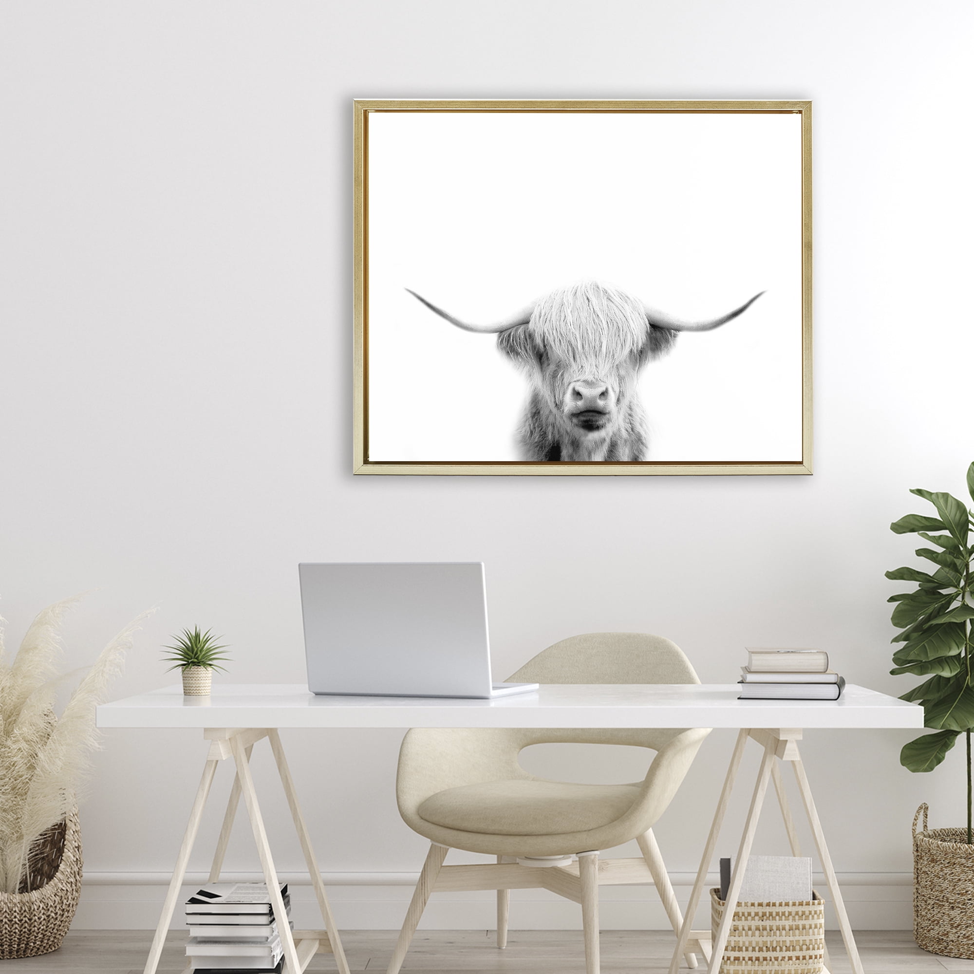 Stupell Industries Scottish Cow Portrait Gold Framed Floater Canvas Wall Art, design by Leah Straatsma