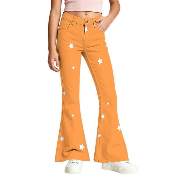 LUGOGNE Girls Flare Pants Star Print High Waist Button Fly Bell Bottom Pants Kids Clothing with Pockets Orange,Size 4