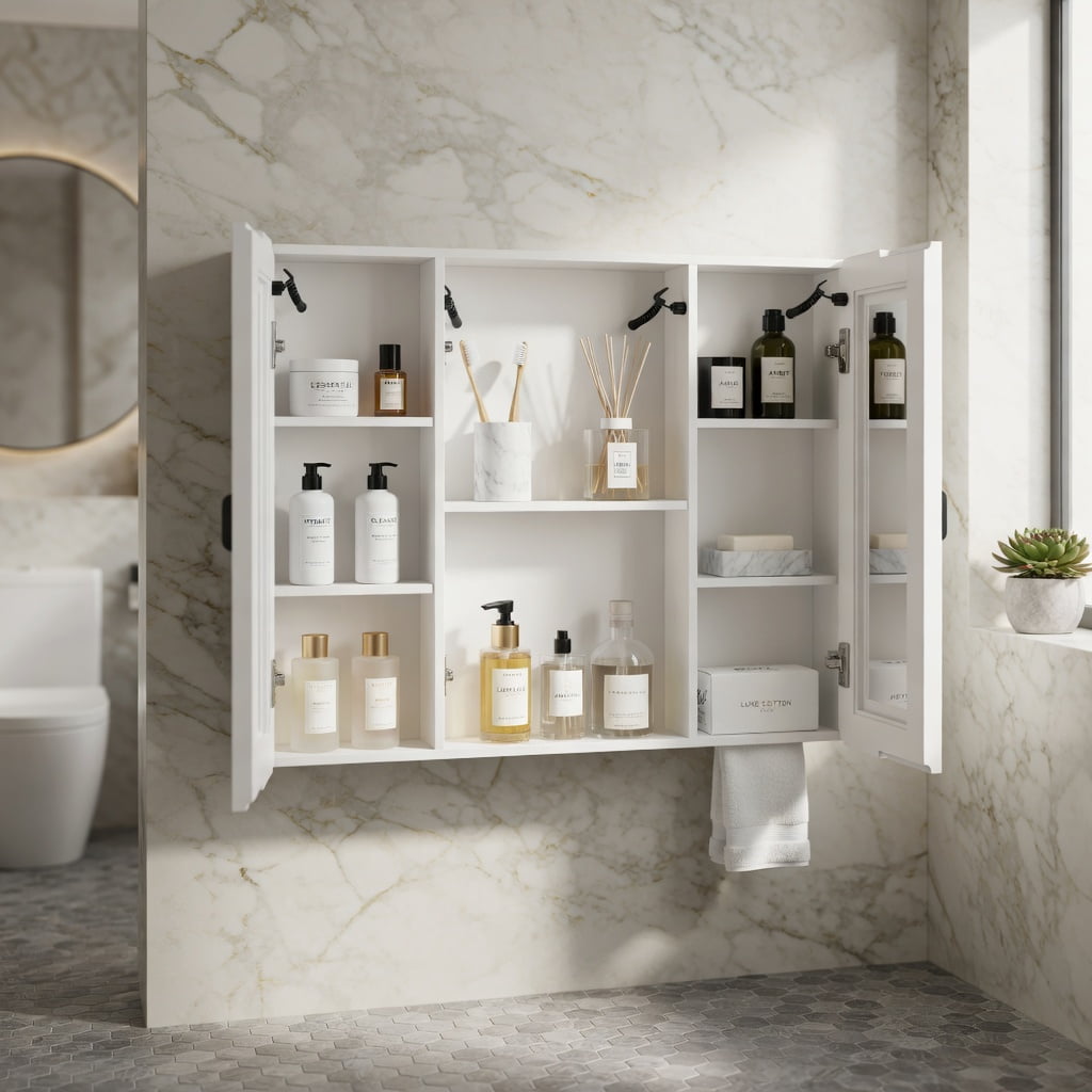Hommoo Modern 3-Door LED Bathroom Medicine Cabinet with Anti-Fog Mirror, Soft White Lighting & Wall-Mounted Aluminum-Plastic Storage, White