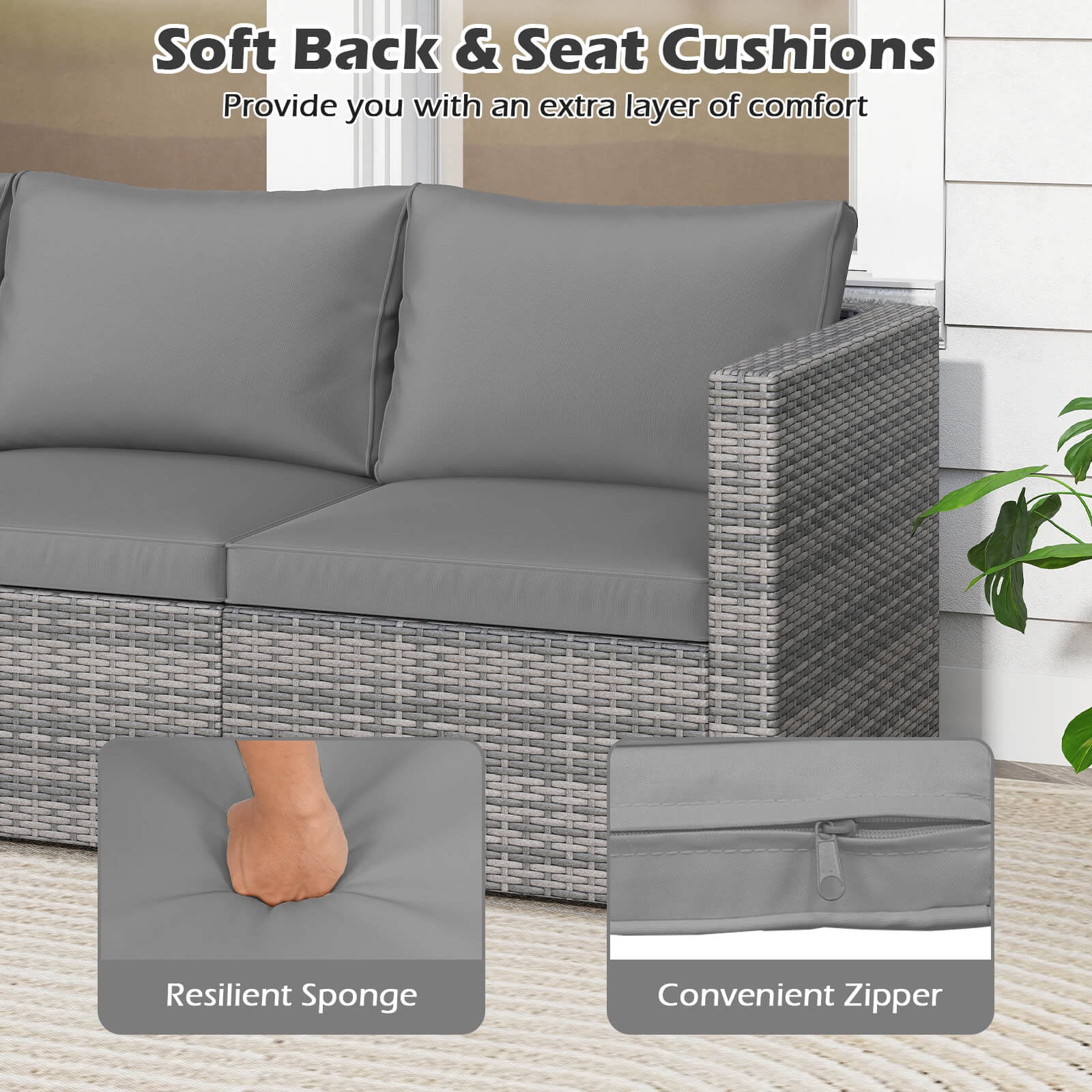 Costway 3PCS Patio Sectional Sofa Set, PE Rattan Modular Couch Furniture Set with Cushions Gray + Mix Gray