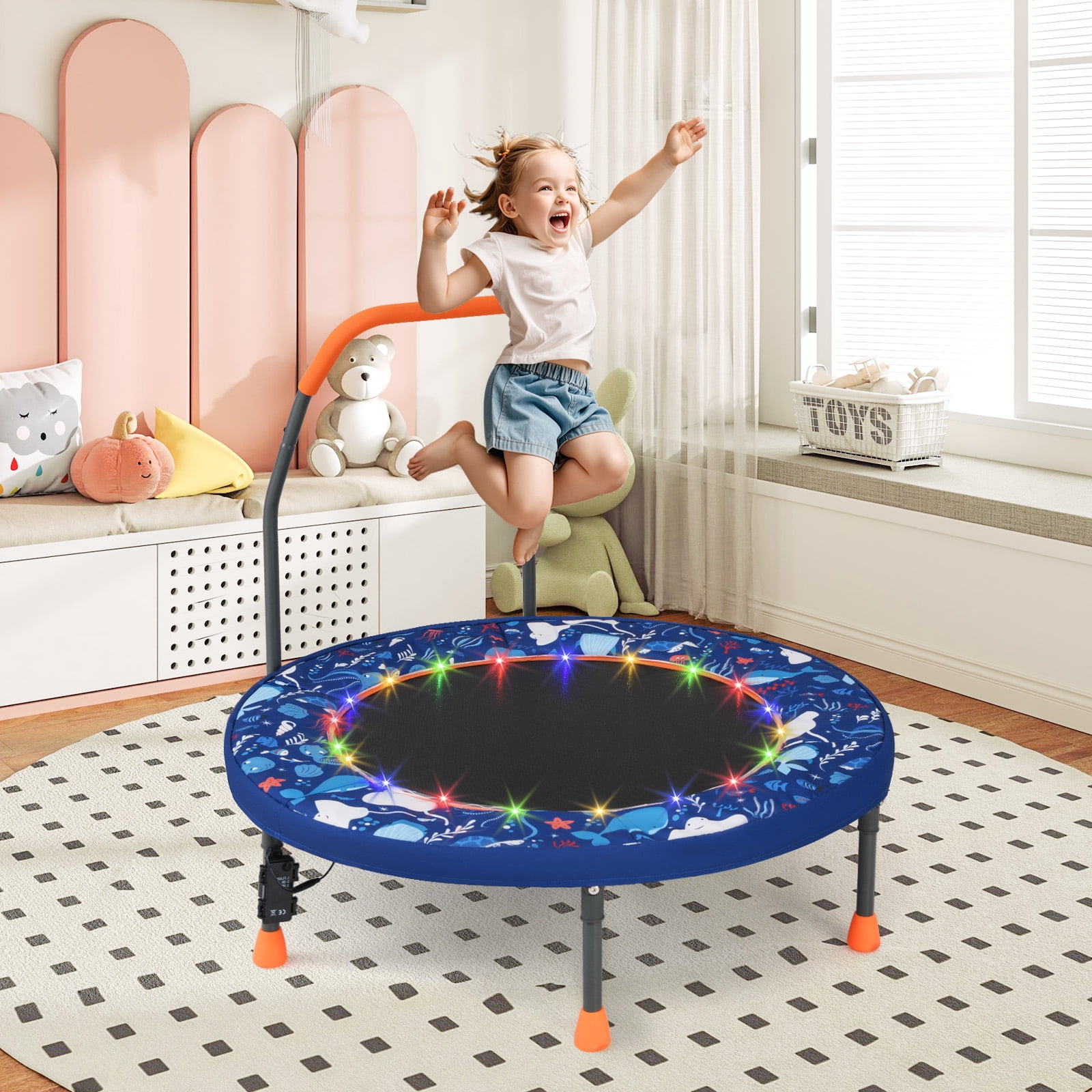 Gymax 36'' Foldable Kid Trampoline w/ 20 LED Lights Foam Handlebar Padded Safety Cover Navy