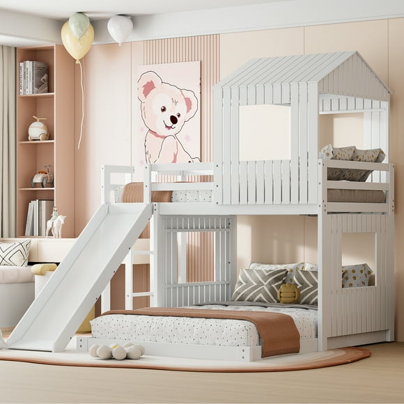 Wooden Twin Over Full Bunk Bed, Loft Bed with Playhouse, Farmhouse, Ladder, Slide and Guardrails, White