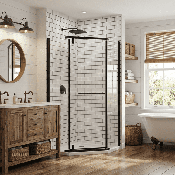 Kaisneo Matte Black 36" x 72", 1/4 Inch Thick Clear Tempered Neo-Angle Frameless Pivot Shower Door