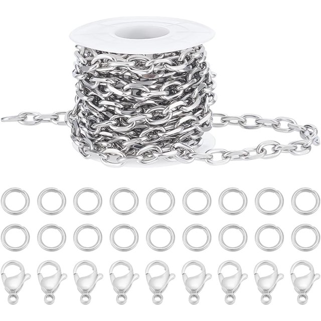 Cadena de cable de 9,84 pies, 10 cierres de langosta, 30 anillas de salto de acero inoxidable 304 para hacer joyas, manualidades, collares y pulseras.