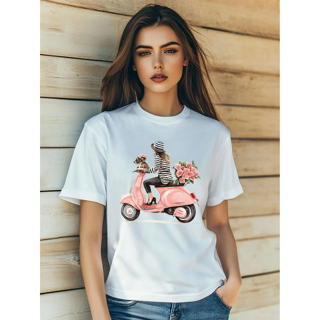 Women's Summer Casual T-Shirt Fashion Valentine's Day CartoonSend Flowers Gift Print Short Sleeve RCamisetas de verano para mujer, manga corta, cuello redondo, casual, lindo, con gráficos, camisetas