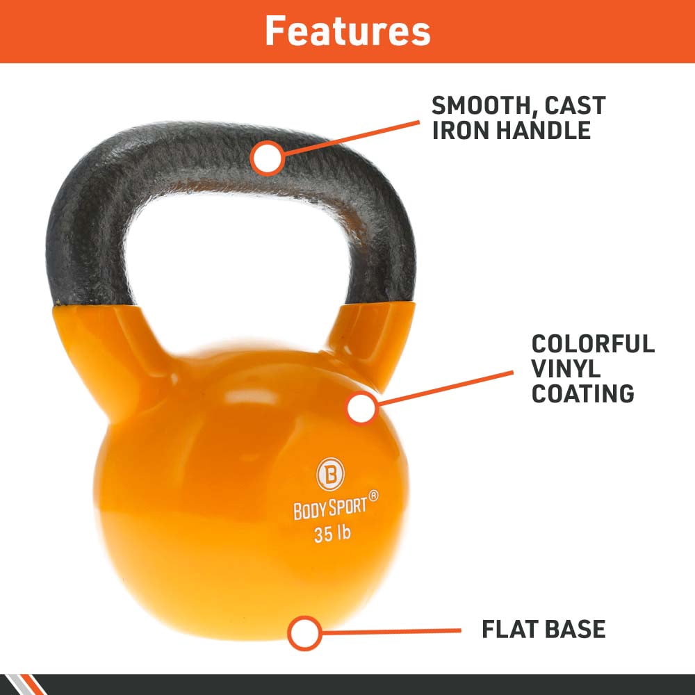 Body Sport Cast Iron Vinyl Coated Kettlebell, 12 lb. - Professional Weight Training Equipment for Home & Gym Workouts (Yellow)