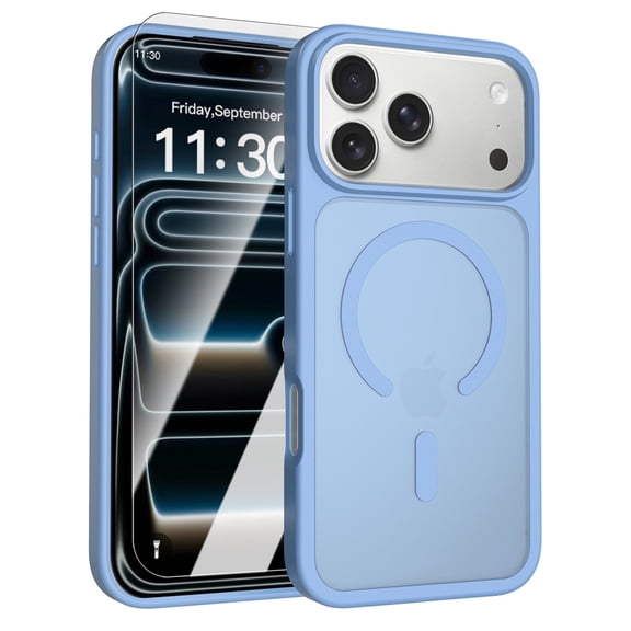 Dteck Magnetic Matte Case with Tempered Glass Screen Protector for iPhone 18 Pro,Shockproof TPU PC Case Compatible with Mag Safe Frosted Translucent Back Cover,Skyblue