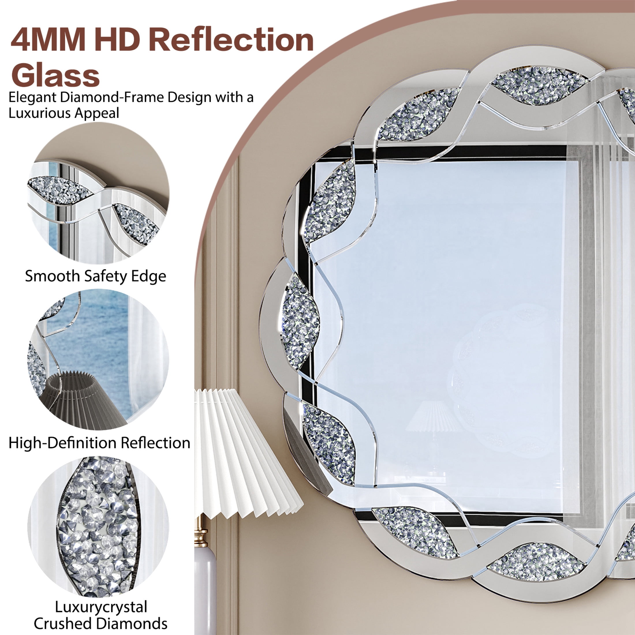 Noble House Crush Diamond Round Wall Mirror, Wave Frame Decorative Mirror Heavy Duty Frame with 2 Hangers, Silver