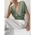 thumbnail image 5 of Gynyvoja Women'S V-Neck Wrap Front Ribbed Knit Short Sleeve Fitted Cropped Sweater Tos Gray-Green S, 5 of 7