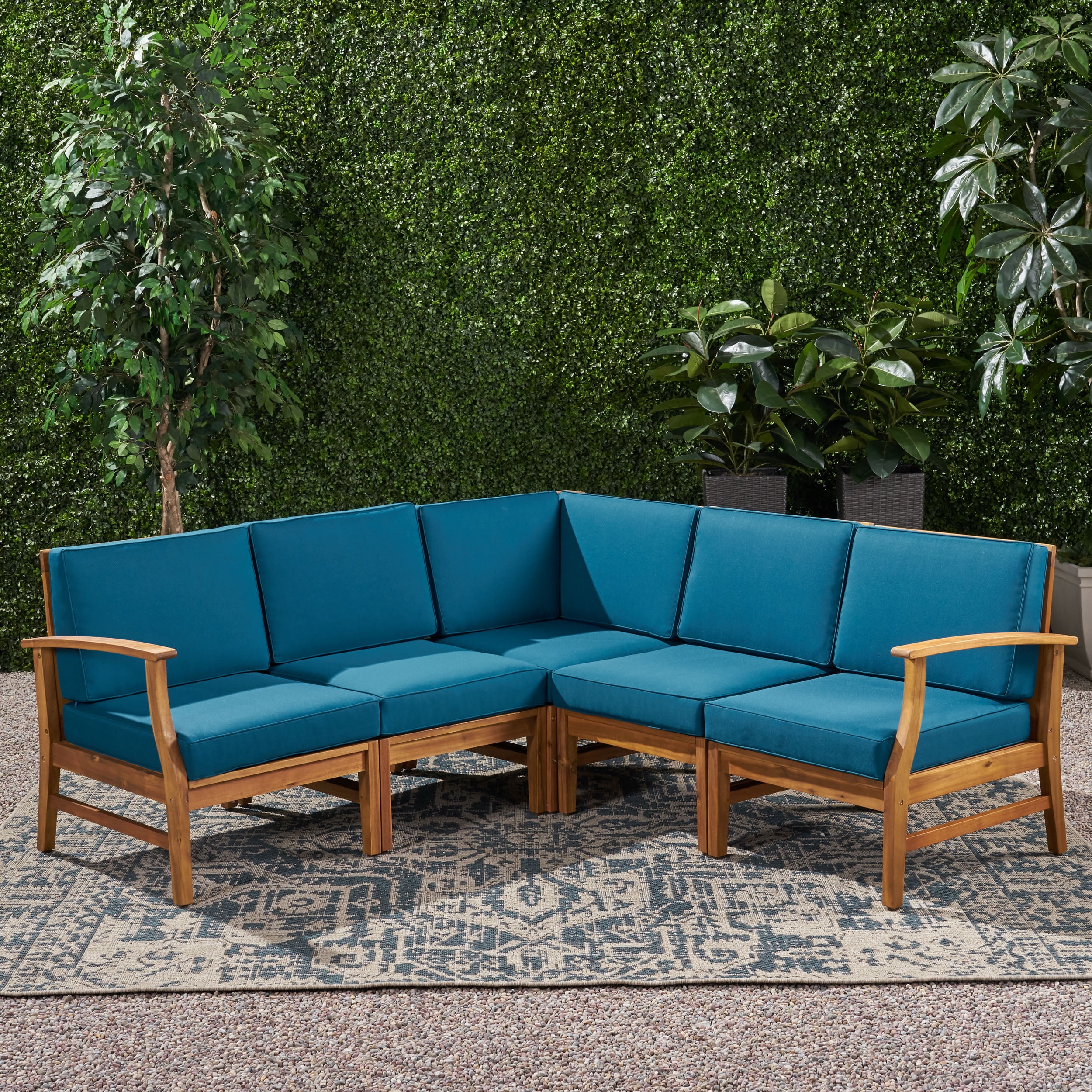 Hermosa Outdoor 5 Piece Chat Set with Cushions (No Coffee Table), Blue, Teak Finish