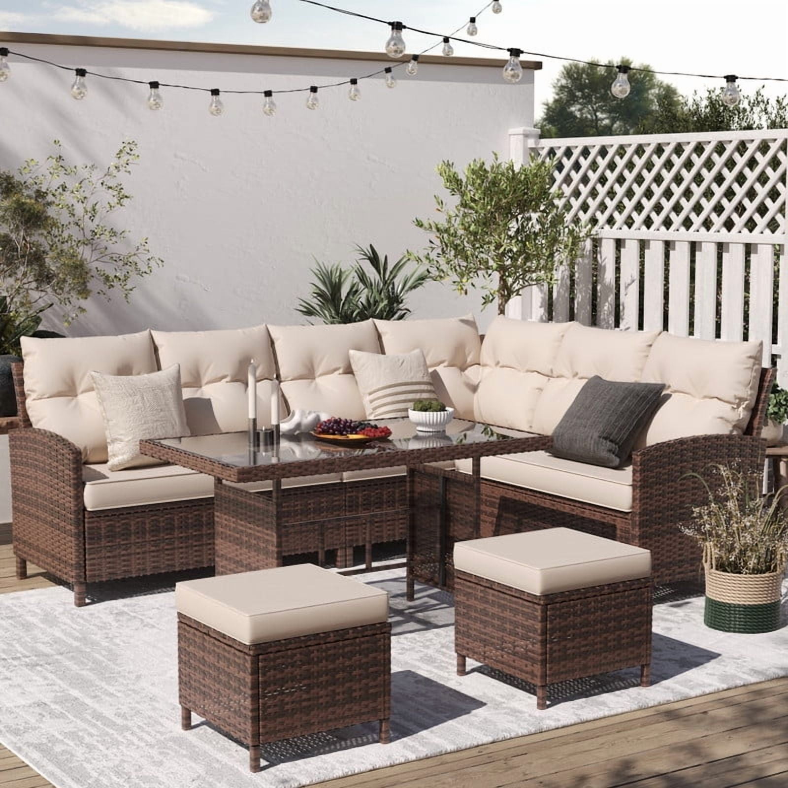 AMOPATIO 7-Piece Patio Furniture Set, Outdoor Sectional Sofa with Dining Table, All Weather Rattan Conversation Set with Ottoman, Khaki