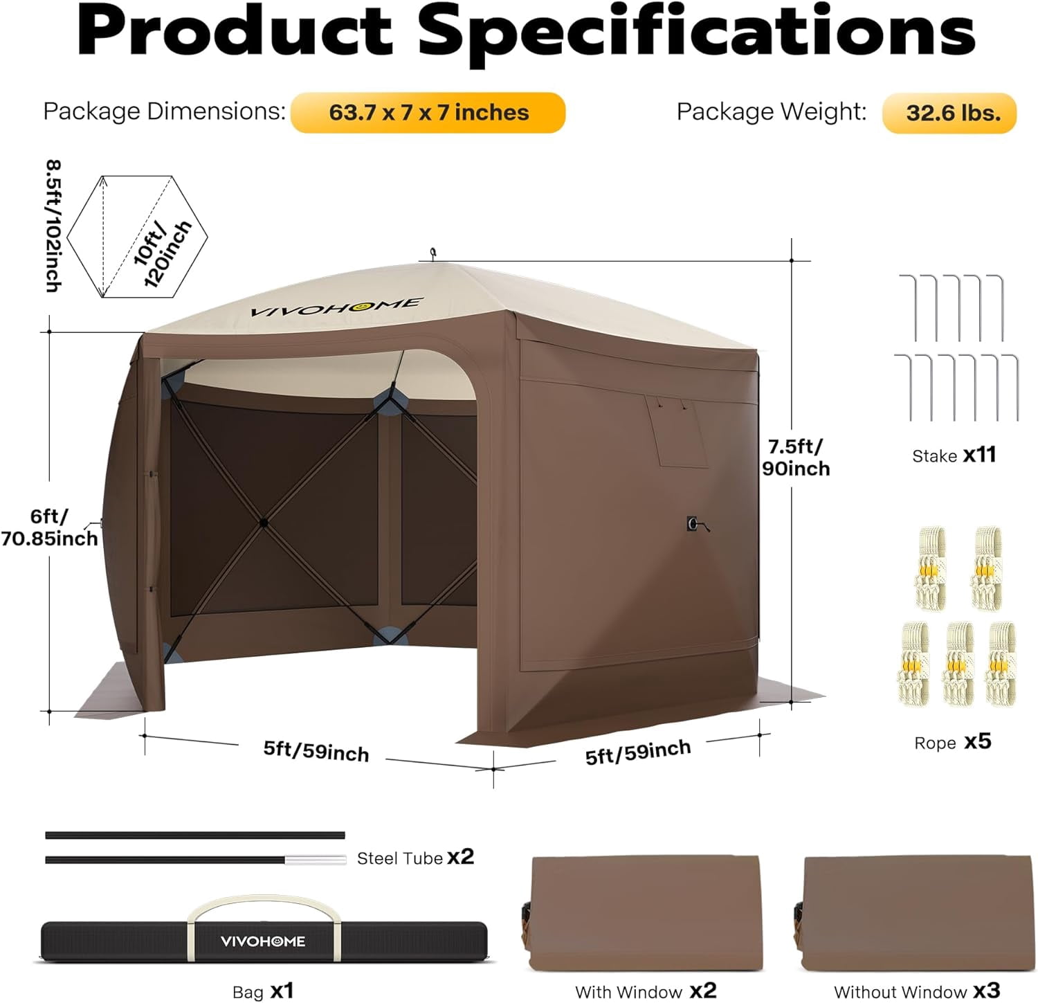 SPECSTAR 10' x 10' Pop-Up Camping Gazebo Tent, 6-Sided Instant Setup Canopy Shelter with Wind Panels, Mosquito Netting