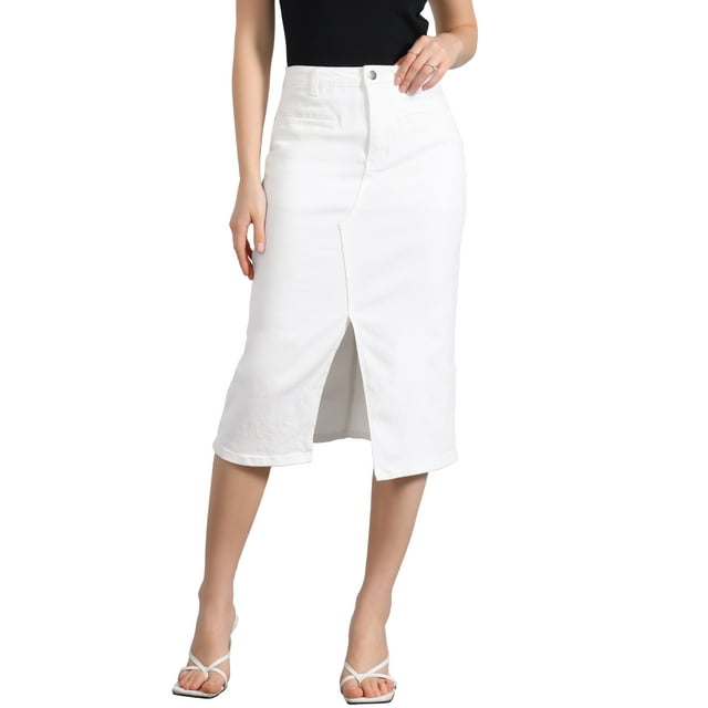 Falda de mezclilla INSPIRE CHIC para mujer, con cintura alta, abertura frontal, falda midi de mezclilla lavada con bolsillos, talla XS, blanca