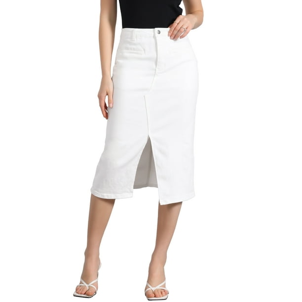 Falda de mezclilla INSPIRE CHIC para mujer, midi de cintura alta con abertura frontal, en color blanco, con bolsillos.