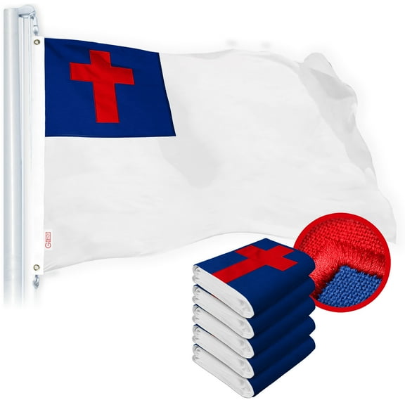 G128 5 Pack: Christian Flag | 4x6 Ft | StormFlyer Series Embroidered 220GSM Spun Polyester | Religious Flag, Embroidered Design, Indoor/Outdoor, Brass Grommets, Heavy Duty, All Weather