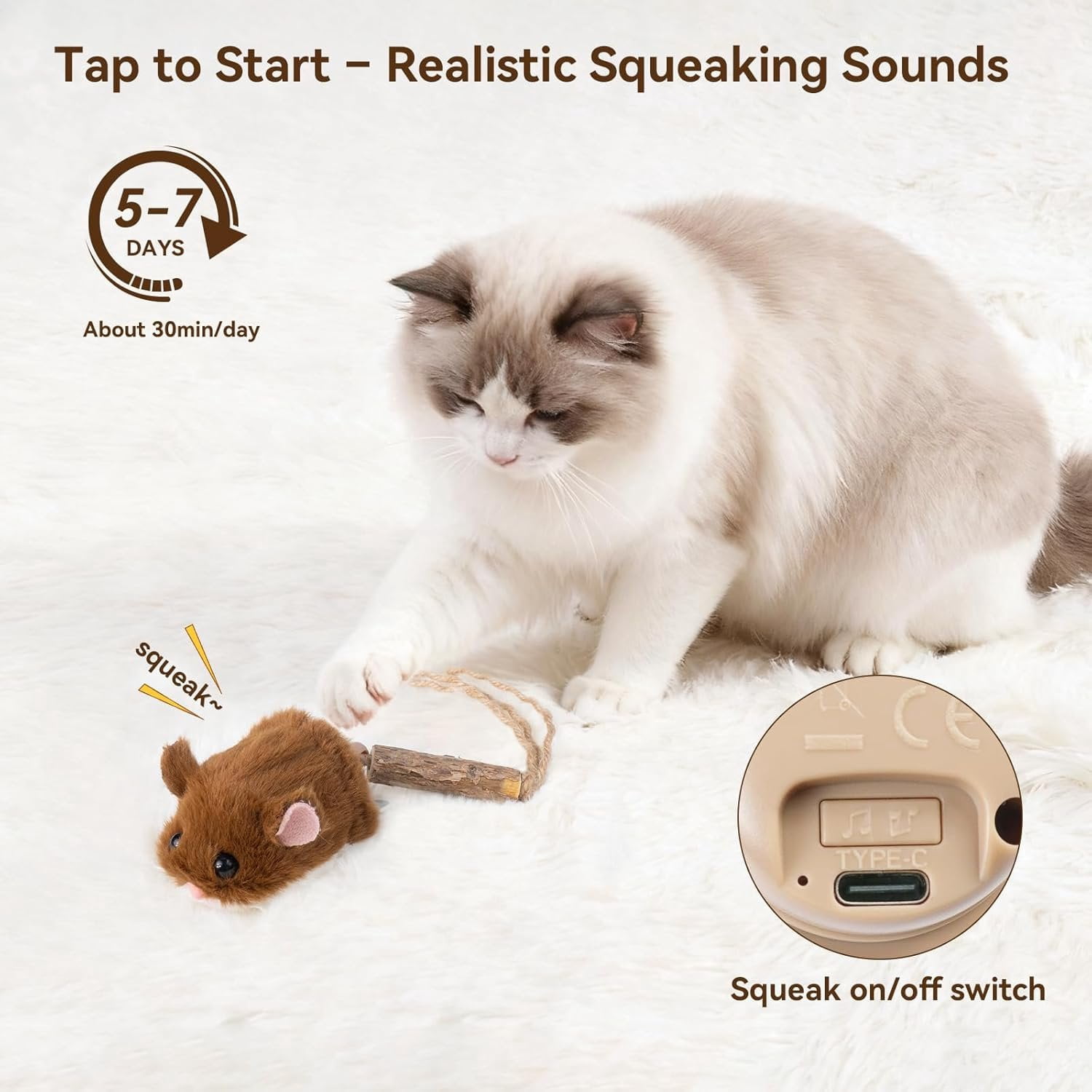Interactive MigiMouse   360? Rolling & Spin with Wiggling Tail for Indoor Cats  Motion Sensor, Realistic Squeak, Rechargeable Plush Kitten  (Brown)
