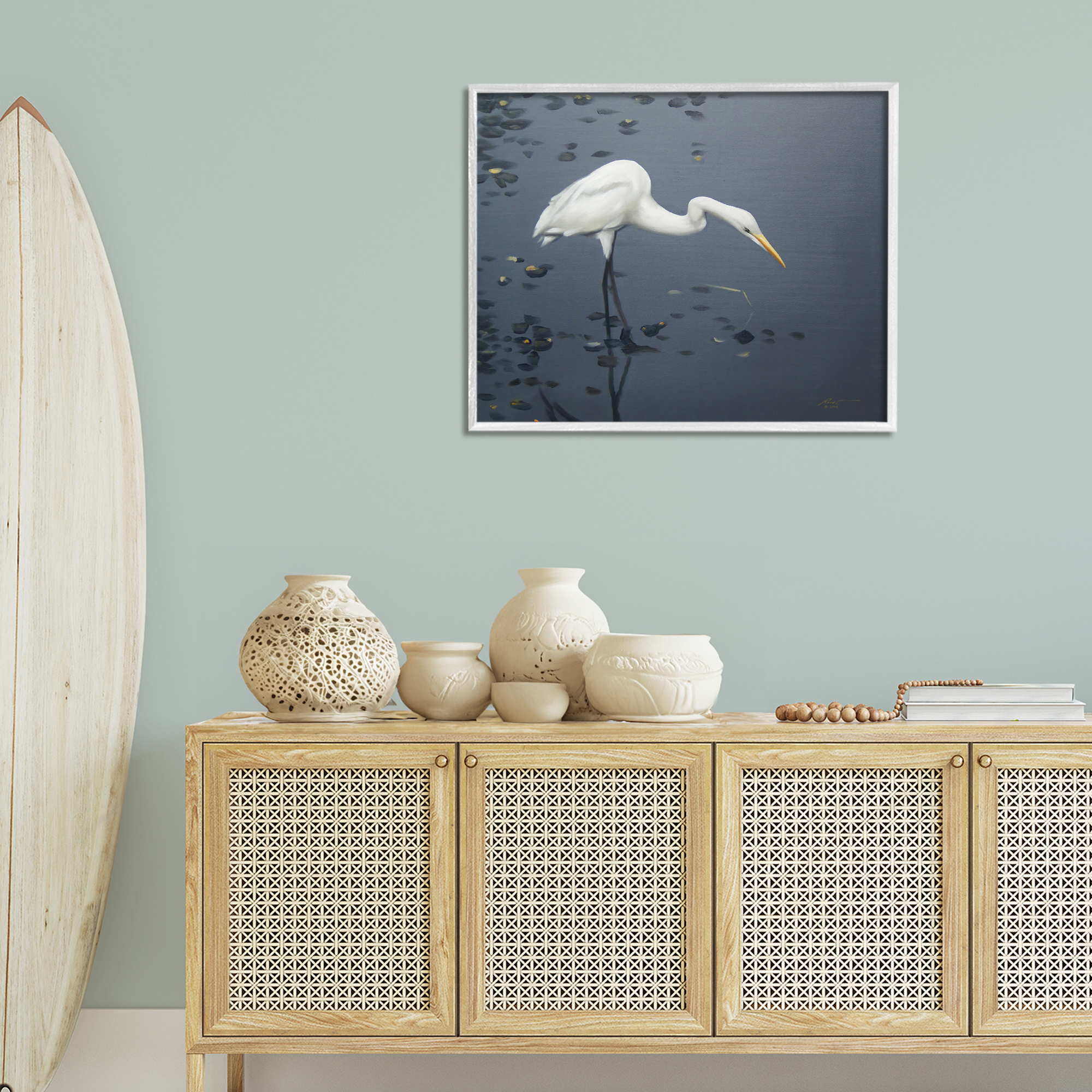Stupell Industries Graceful Egret in Lake Animals & Insects Painting White Framed Art Print Wall Art, 30 x 24