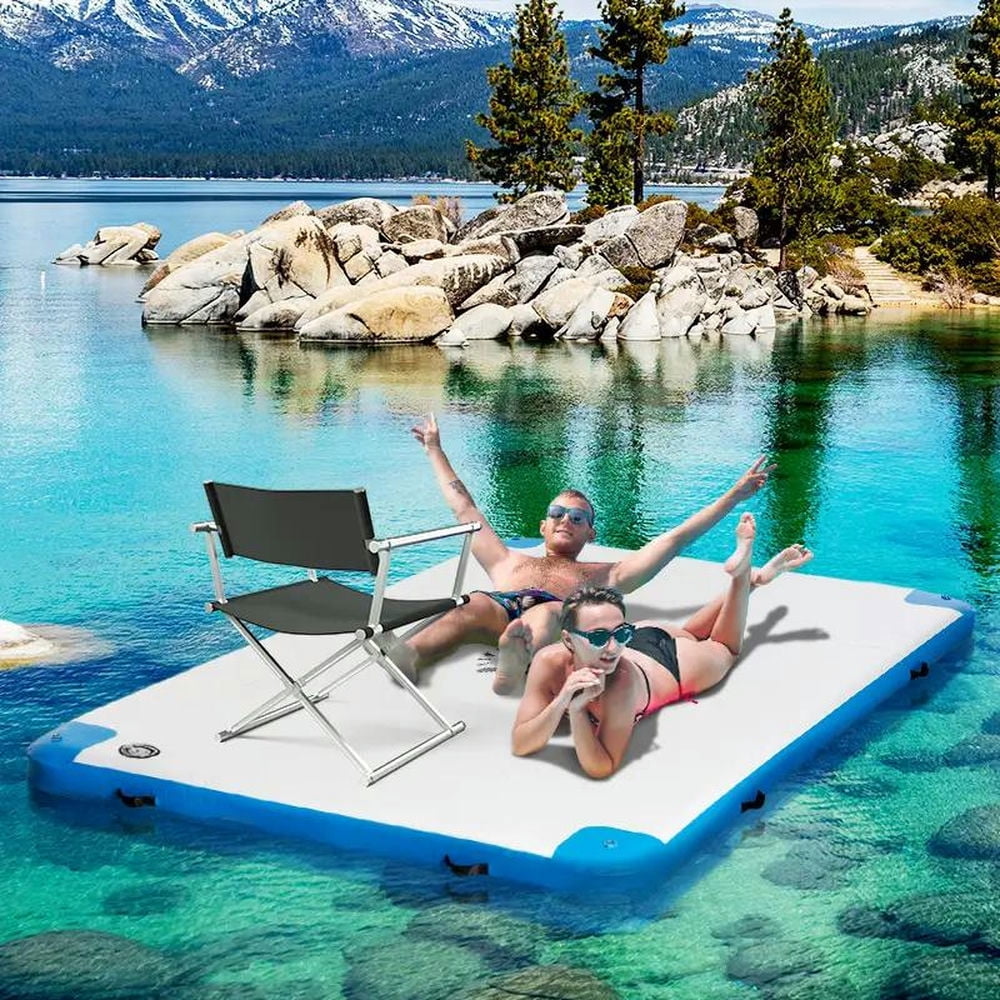 GVN 10' x 7' Water Inflatable Floating Dock, Inflatable Platform Island, Large Floating Mat Raft with Air Pump & Backpack, White