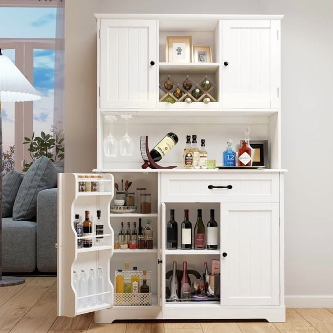 Aiho 67" Farmhouse Kitchen Pantry Storage Cabinet, Modern Coffee Hutch with Doors, Shelves & Microwave Stand, Cupboard for Dining Room - White