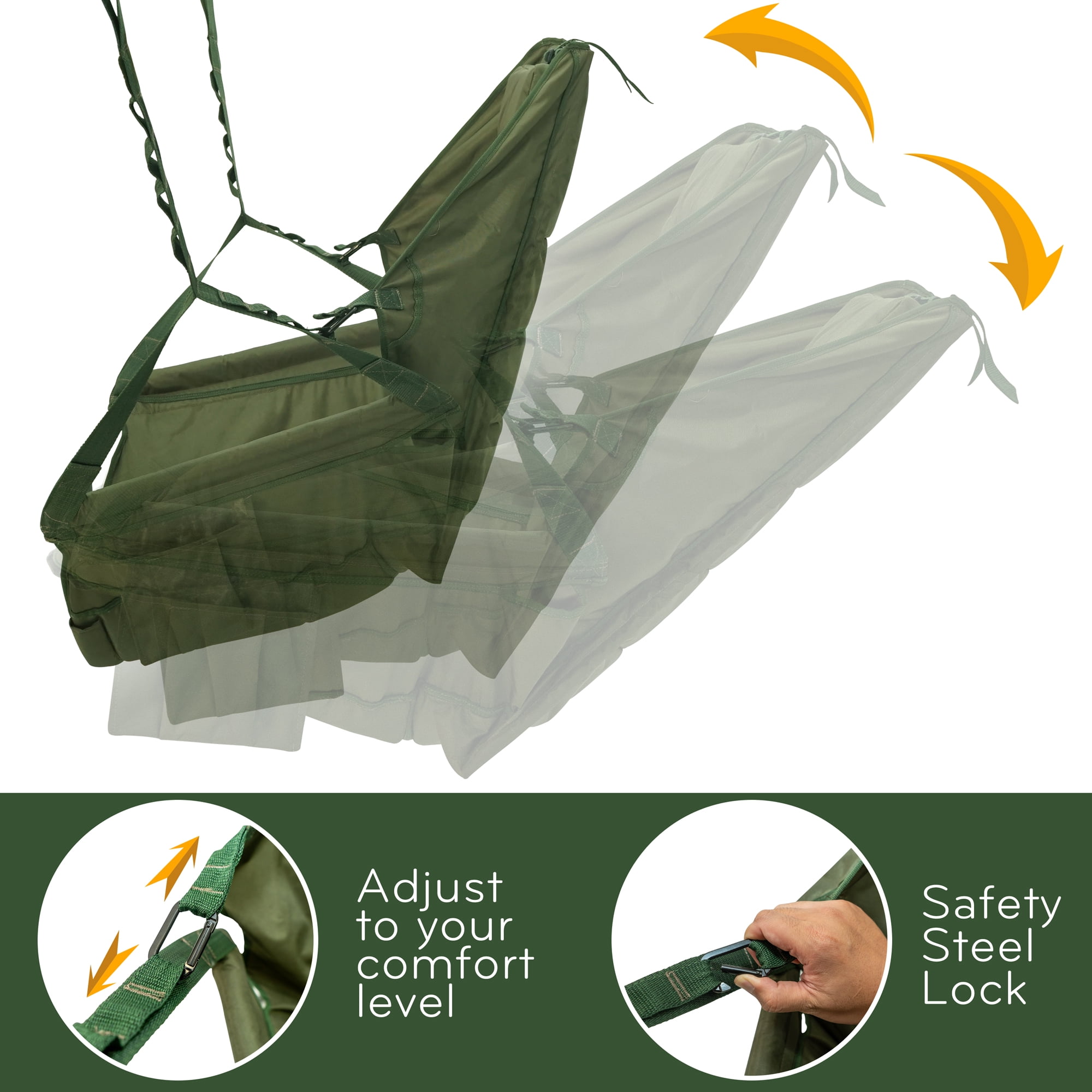 Tranquillo 2 in 1 Hammock and Swinging Chair with Collapsible Steel Stand & Carrying Case, Portable & Adjustable, 30s Set Up for Outdoor, Indoor, Porch Swing, Patio, Garden, Camping Trip, Green