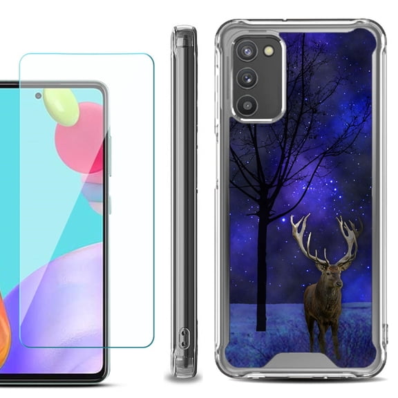Shockproof Bumper Phone Case for Samsung Galaxy A02s, with Tempered Glass Screen Protector, by OneToughShield ® - Midnight Deer