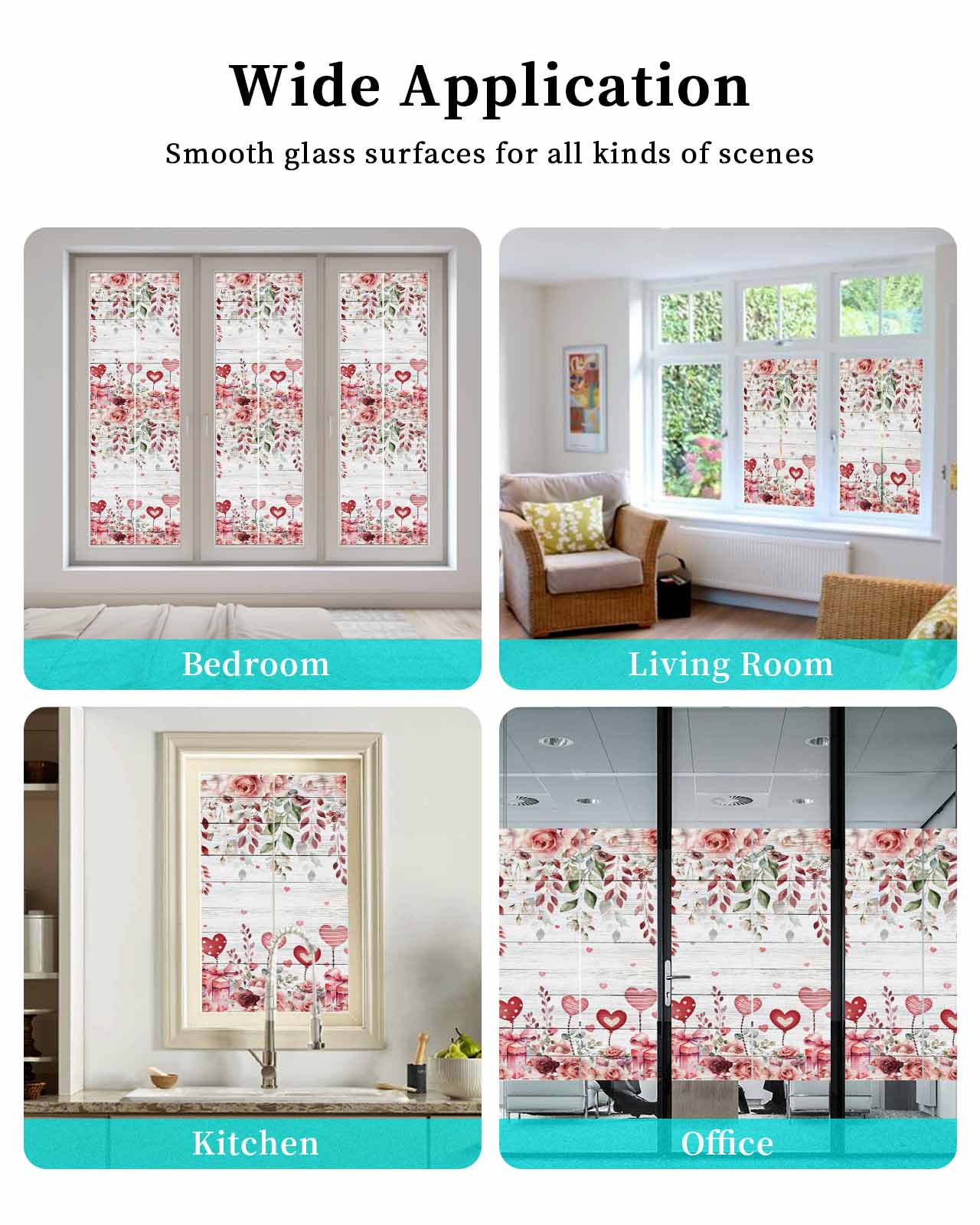 Pink Valentine's Day Window Privacy Film Stained Glass Window Film Decorative Windows Cover Static Windows Cling for Glass Door Spring Floral Wooden Love Heart Stickers for Bathroom 23.6"x78.7"
