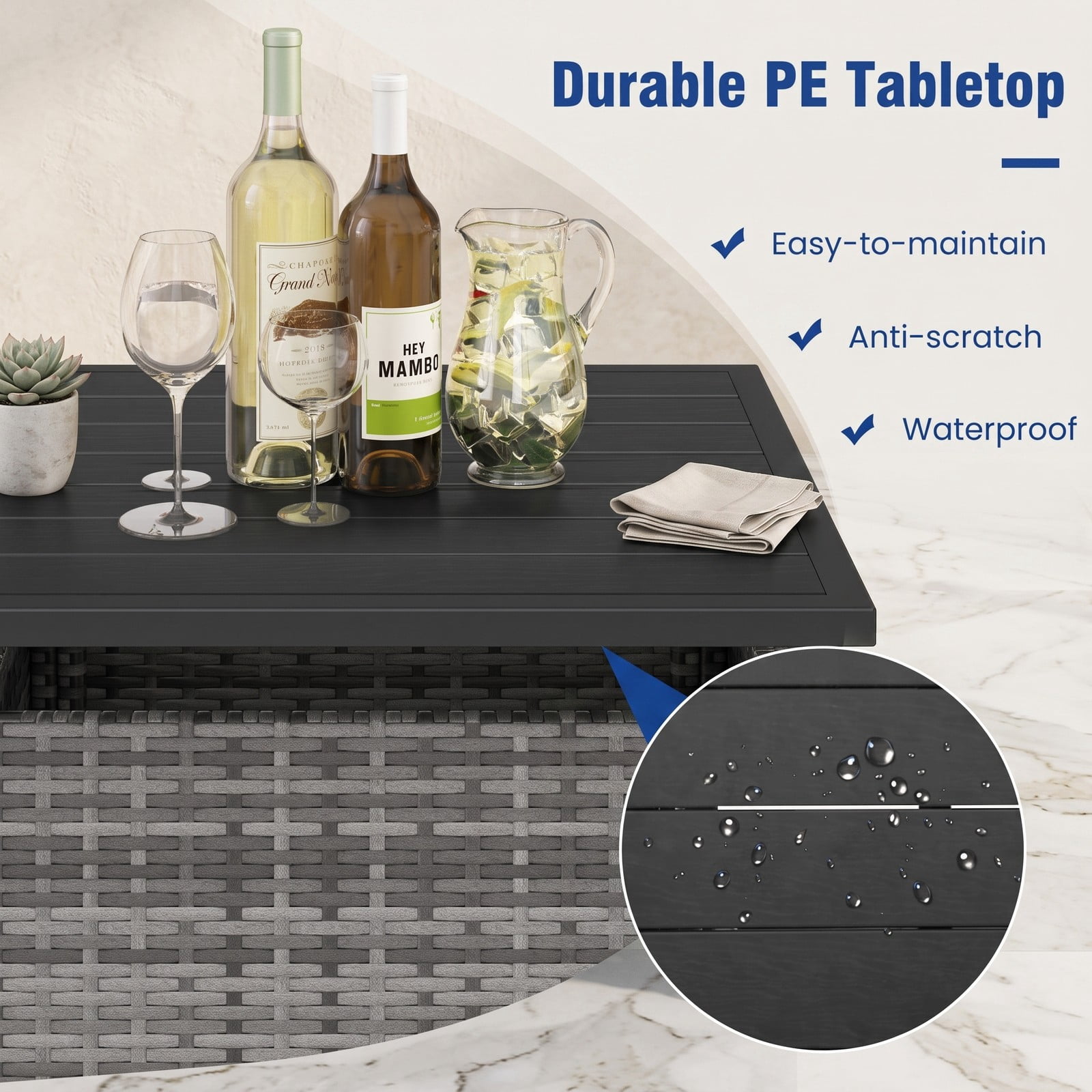 Furnibear Patio Square Wicker Side Table with Umbrella Hole, PE Rattan Outdoor End Table, Faux Wood Tabletop Metal Frame Coffee Table for Yard Garden Backyard, Gray
