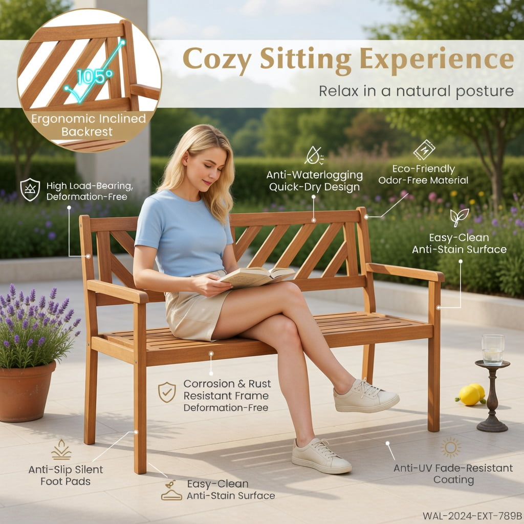Hommoo 2-Person Acacia Wood Patio Bench with Armrests & Ergonomic Backrest – Teak Outdoor Garden Chair for Porch, Deck, or Poolside