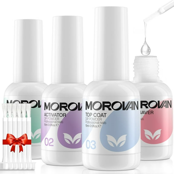 Morovan 4pcs/0.5oz Dip Powder Liquid Set with Activator Base Top Coat Brush Saver