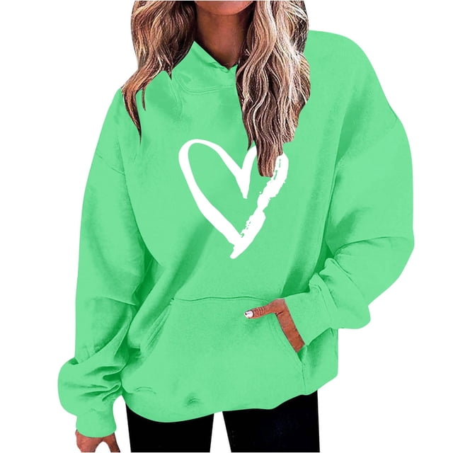 Penkiiy Mode Décontractée pour Femmes Impression de la Saint-Valentin Hauts à Manches Longues Chandails en Molleton à Capuche L Vert
