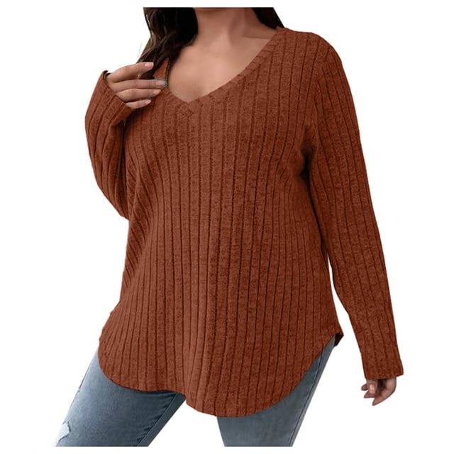 Aocisk Ladies V Neck Long Sleeve Brushed Pullover Sweater Solid Color Plus Size Top for Autumn Winter Brown XXL