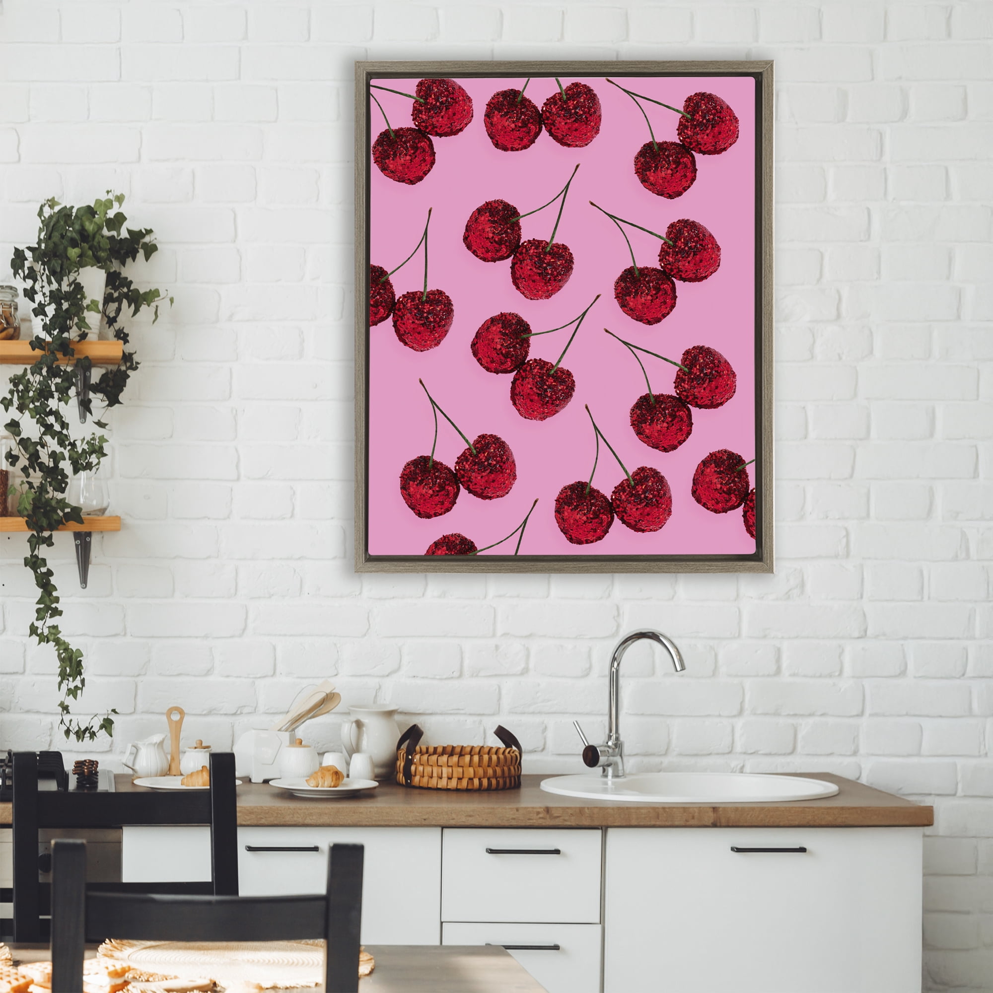Stupell Industries Glitter Glam Cherries Pattern Brown Framed Floater Canvas Wall Art, design by LISH Creative