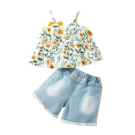 

aturustex 3 6 9 12 18 24Months Baby Girls Summer Outfits Floral Print Camisole Tank Top Ruffle Shirt Tops and Jeans Shorts Cute Clothes 2Pcs
