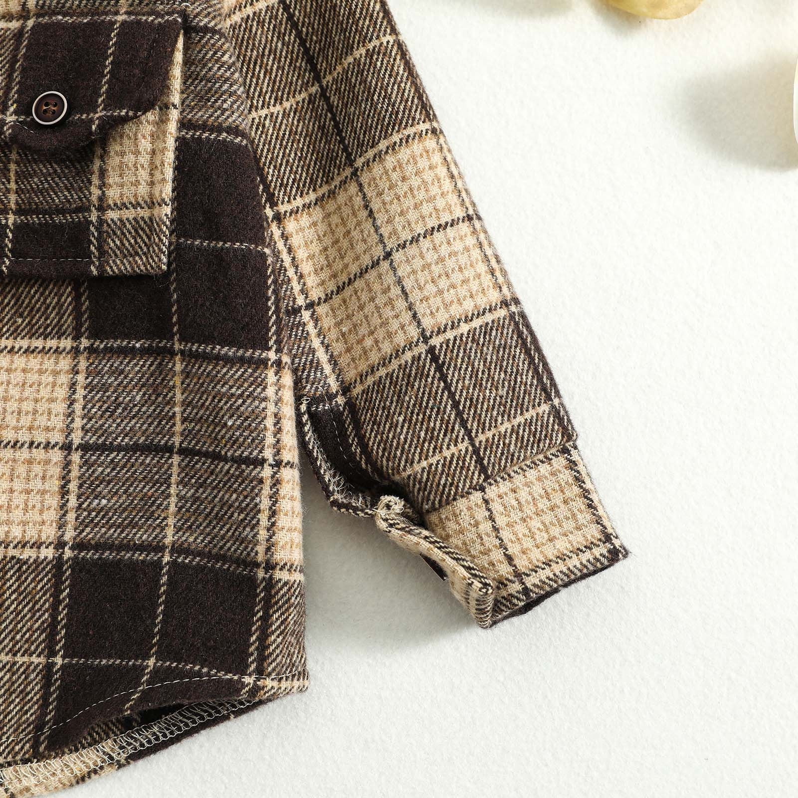 Khaki Plaid Fluffy Fleece Baby Lapel Long-sleeve Jumpsuit