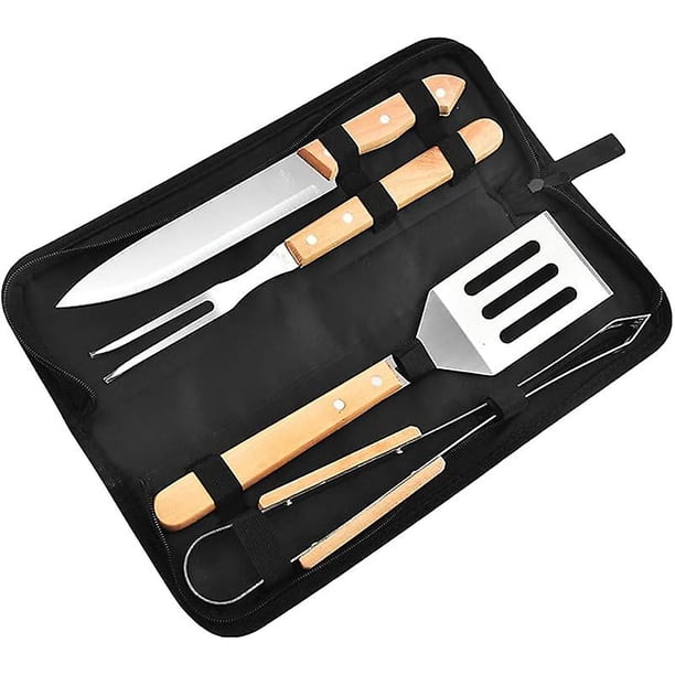 Utensilios para barbacoa, juego de 4 herramientas para barbacoa de acero inoxidable, accesorios para barbacoa, kit de herramientas para barbacoa con mango de madera y estuche de transporte,