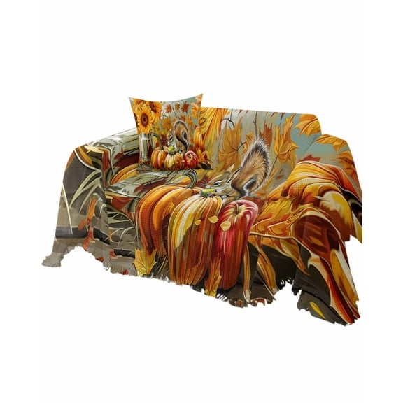 Thanksgiving Fall Sofa Couch Covers for Dog,Washable Sectional Couch Slipcovers for Loveseat with Tassels,Orange Pumpkins Squirrel Sunflower Painted Non Slip Sofa Throw Cover Blanket Large 71x102