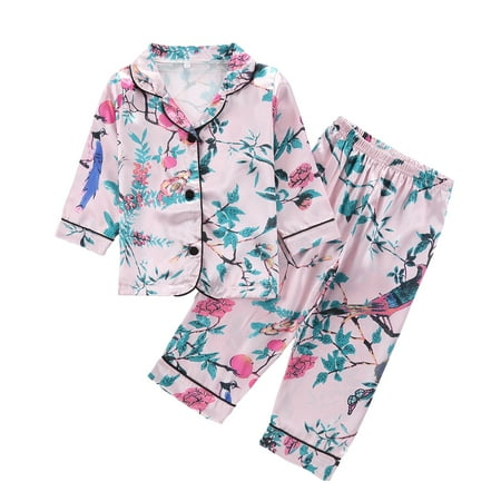 

SILVERCELL 1-6T Toddler Girls Pajamas Sets Satin Silk Button Down Shirts Top Pants 2-Piece Pjs Sleepwear Loungewear
