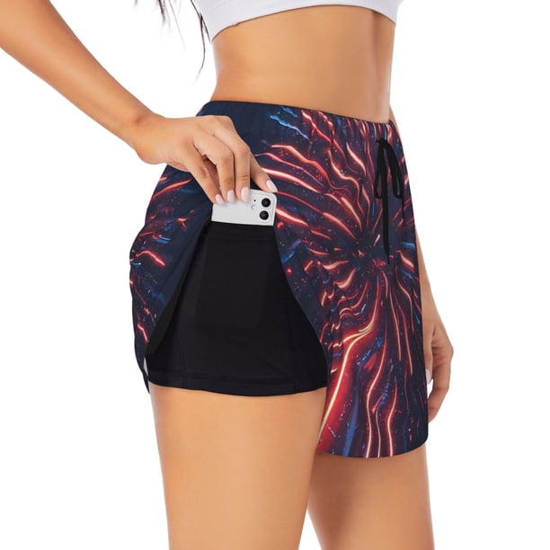 Balery Fireworks3 Pantalones cortos deportivos para mujer con forro y dos bolsillos, elásticos, para entrenamiento, gimnasio, yoga-Large